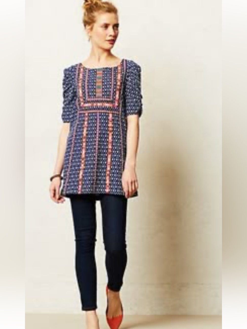 Anthropologie Navy Blue Embroidered Boho Tunic Top